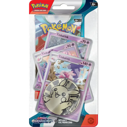 Pokémon TCG Paradox Rift Premium Checklane Blister med Tinkaton promo-kort, boosterpakke og metallic mønt.