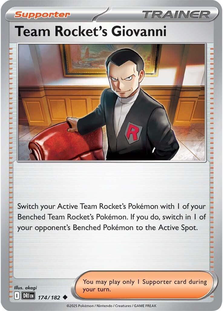 Team Rocket’s Giovanni 174/182 Supporter-kort fra Pokémon TCG Destined Rivals, med artwork af Giovanni i mørkt rum omgivet af Team Rocket-symbolik og strategisk intensitet.