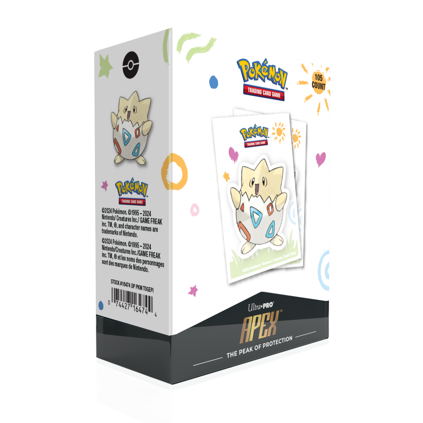 Pokémon Togepi Apex Deck Protector Sleeves, pakke med 105 kortlommer (66x91 mm) med Togepi‑motiv.