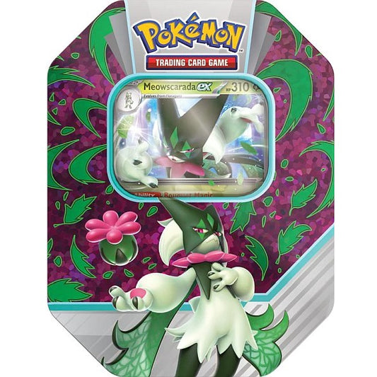 Pokémon Paldea Partners Tin 2023 med Meowscarada – en stilfuld og værdifuld tilføjelse til din kortsamling.
