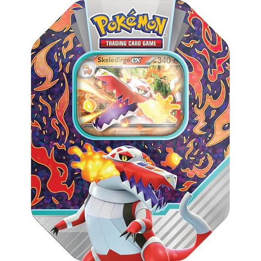 Pokémon Paldea Partners Tin 2023 med Skeledirge – en stilfuld og værdifuld tilføjelse til din kortsamling.