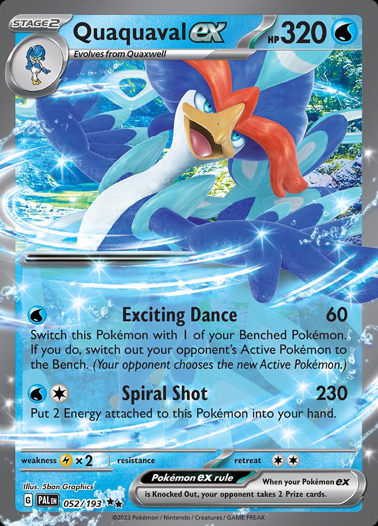 Quaquaval ex er et Double Rare / Super Rare kort fra Pokemon SV02 Paldea Evolved serien. Kortet har nummer 052/193.