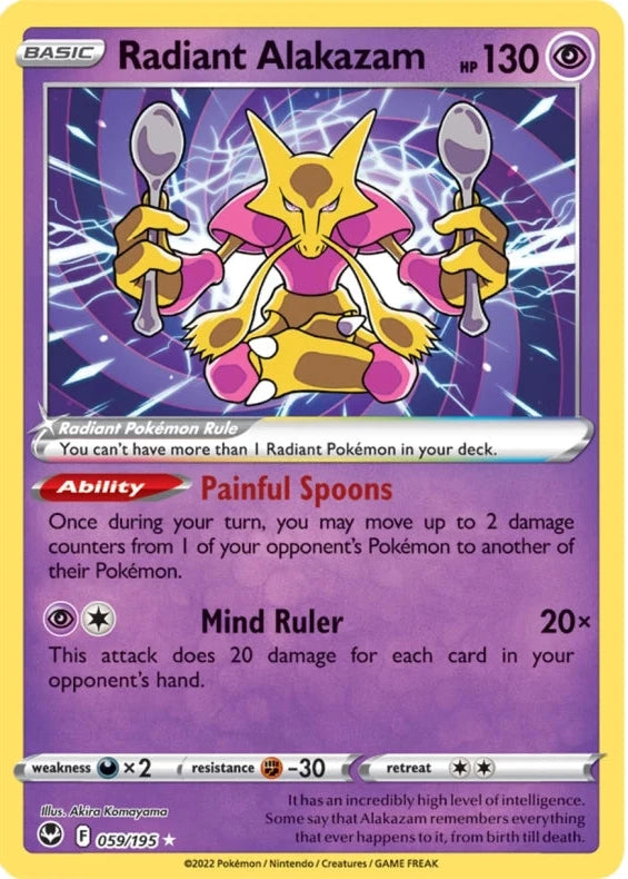 Radiant Alakazam er et Radiant V kort fra Pokemon SWSH Silver Tempest serien. Kortet har nummer 059/195.