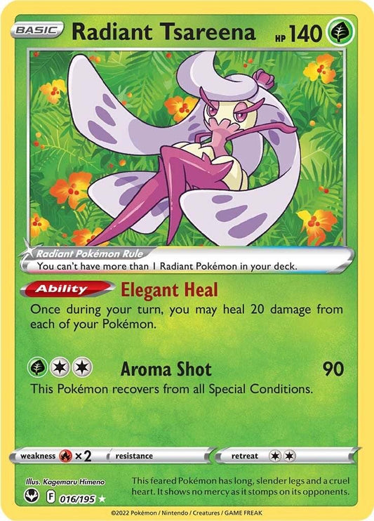 Radiant Tsareena er et Radiant kort fra Pokemon SWSH Silver Tempest serien.
Kortet har nummer 016/195.
