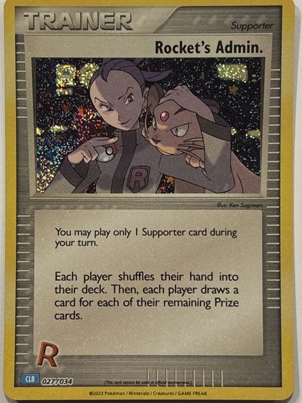 Rocket’s Admin. 026/034 Trainer-kort fra Pokémon TCG Classic Blastoise Deck, med artwork af to Team Rocket-ledere i mørkt rum, der planlægger taktisk manipulation.