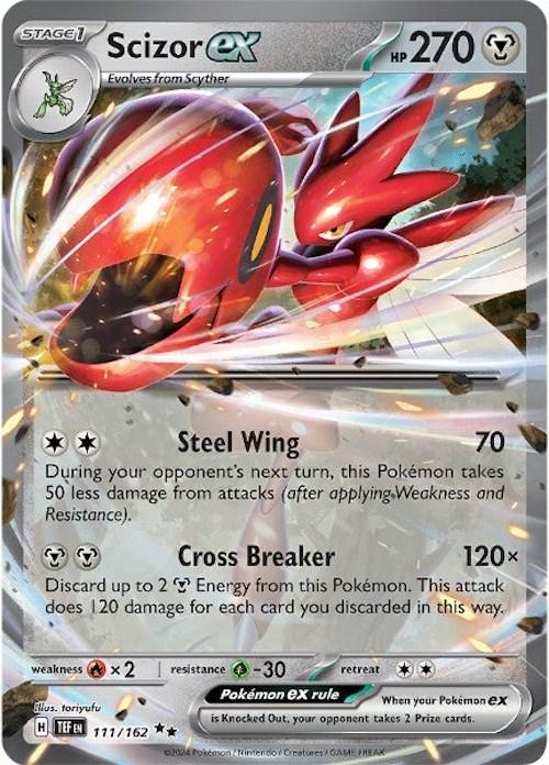 Scizor ex er et Double Rare /  Super Rare ex kort fra SV05 Temporal Forces serien. Kortet har nummer 111/162.
