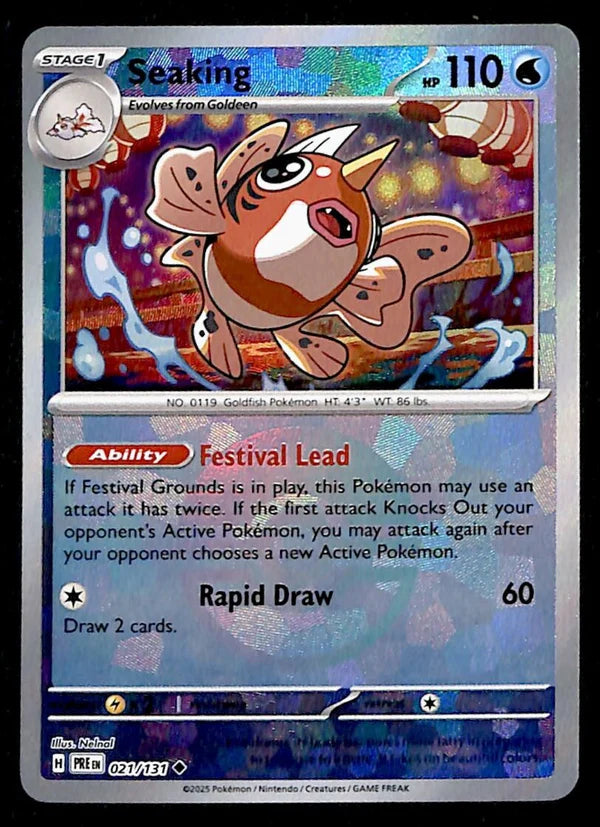 Seaking er et Uncommon Holo reverse kort med Pokeball fra Pokemon SV08.5 Prismatic Evolutions serien. Kortet har nummer 021/131.
