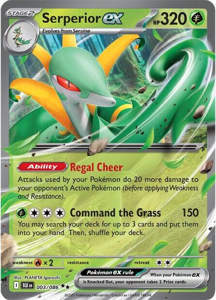 Serperior ex er et Double Rare / Super Rare ex (SV) kort fra Pokemon SV10.5 Black Bolt serien. Kortet har nummer 003/086.
