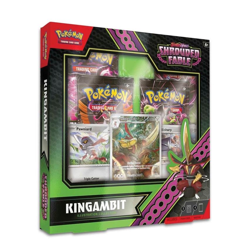 Pokémon TCG: Scarlet &amp; Violet—Shrouded Fable Kingambit Illustration Rare Collection indeholder 
4 Shrouded Fable booster-pakker, 1 fuld-art folie promo-kort med Kingambit, 2 foliekort med Pawniard og Bisharp.