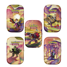 Denne seje Shrouded Fable Mini Tin indeholder to Pokémon booster-pakker, en Pokémon art kort med motivet fra forsiden og en flot klistermærkeark.