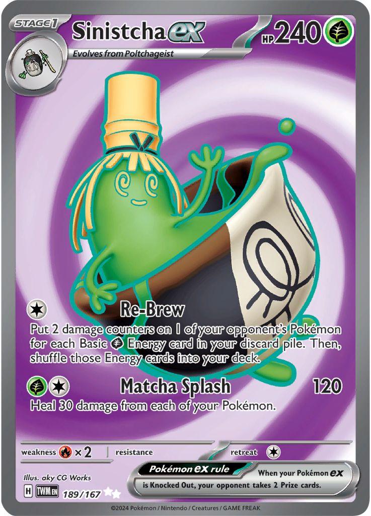 Sinistcha ex er et Ultra Rare / Secret Rare Full Art kort fra Pokemon SV06 Twilight Masquerade serien. Kortet har nummer 189/167.