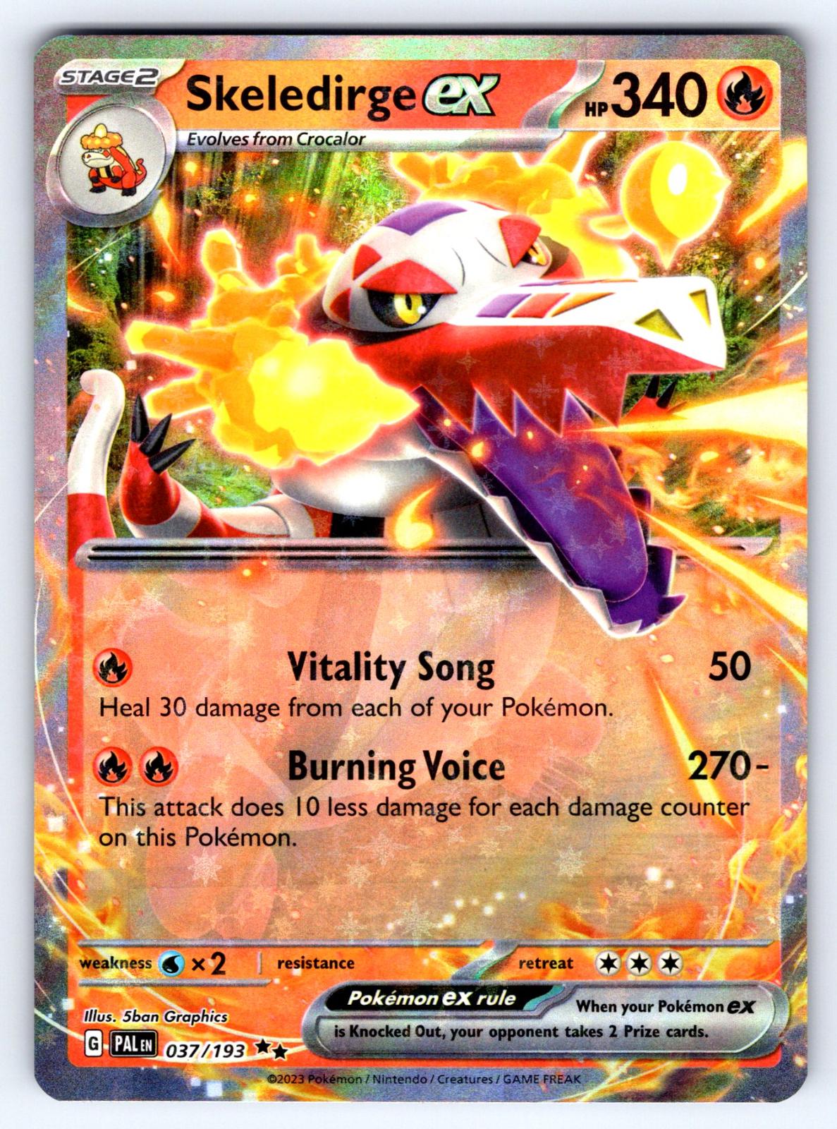 Skeledirge ex er et Double Rare /| Super Rare ex kort fra Pokemon SV02 Paldea Evolved serien. Kortet har nummer 037/193.