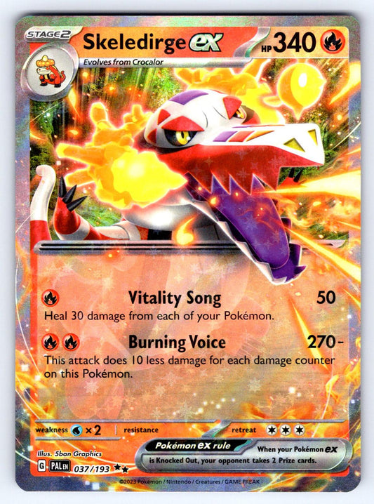Skeledirge ex er et Double Rare /| Super Rare ex kort fra Pokemon SV02 Paldea Evolved serien. Kortet har nummer 037/193.