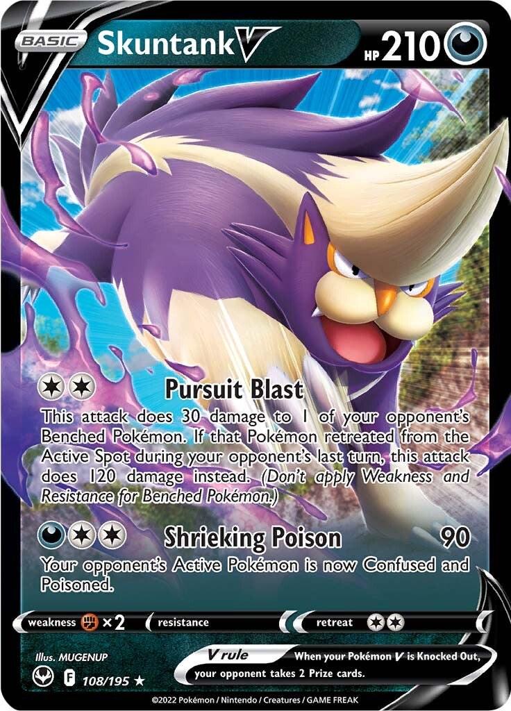 Skuntank V er et Super Rare V kort fra Pokemon SWSH Silver Tempest serien. Kortet har nummer 108/195.
