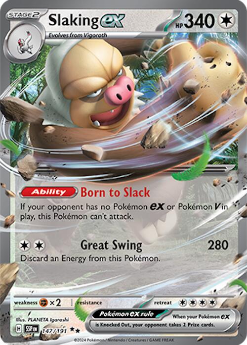 Slaking ex er et Double Rare / Super Rare kort fra Pokemon SV08 Surging Sparks serien. Kortet  har nummer 147/191.