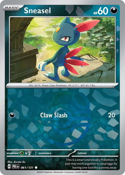 Sneasel Masterball Prismatic Evolutions Holo 061/131 Pokémon-kort med holografisk Masterball-design.