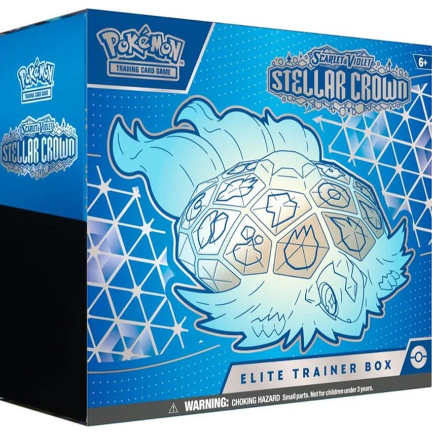 Pokémon Elite Trainer Box Stellar Crown med 9 boosterpakker og tilbehør.