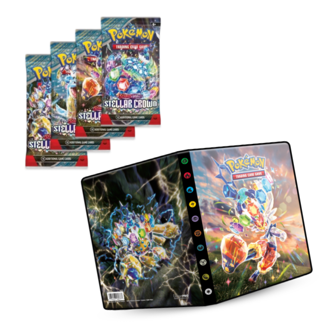 Du får et sæt med 4 booster-pakker fra Scarlet & Violet - Stellar Crown-udvidelse samt en mappe med motivet fra den samme serie som kan rumme 80 kort.