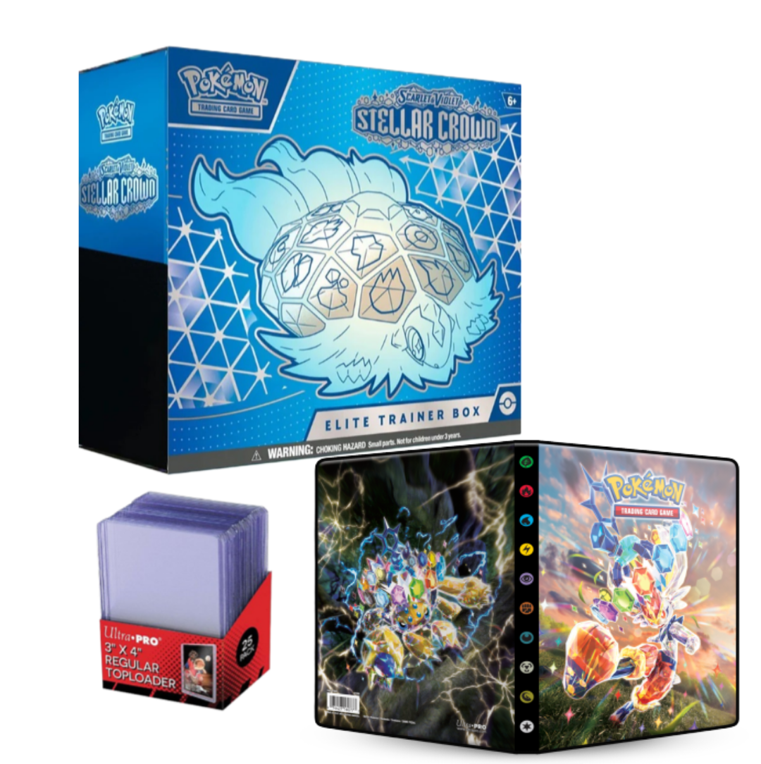 Dette sæt får du en flot Stellar Crown Elite Trainer Box suppleret med en mappe med Stellar Crown-motiver og Ultra-PRO toploaders. 