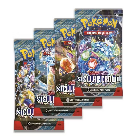 Pokémon TCG Stellar Crown SV07 Artwork Sæt med 4 boosterpakker – farverigt design og officielle Pokémon illustrationer.