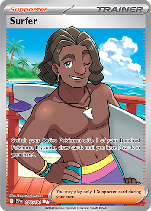Surfer er et Ultra Rare / Secret Rare kort fra Pokemon SV08 Surging Sparks serien. Kortet har nummer 235/191.