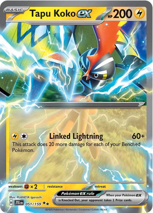 Tapu Koko ex er et Double Rare kort fra Pokemon Scarlet & Violet: Journey Together serien. Kortet har nummer 051/159.