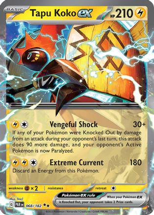 Tapu Koko ex er et Double Rare / Super Rare ex (SV) kort fra Pokemon SV04 Paradox Rift serien. Kortet har nummer 068/182.