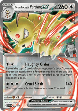 Team Rocket’s Persian ex – SVP218 er et kort fra Pokemon SVP Black Star Promo serien. Kortet blev udgivet ekslusivt i Team Rocket’s Persian Ex Tin.