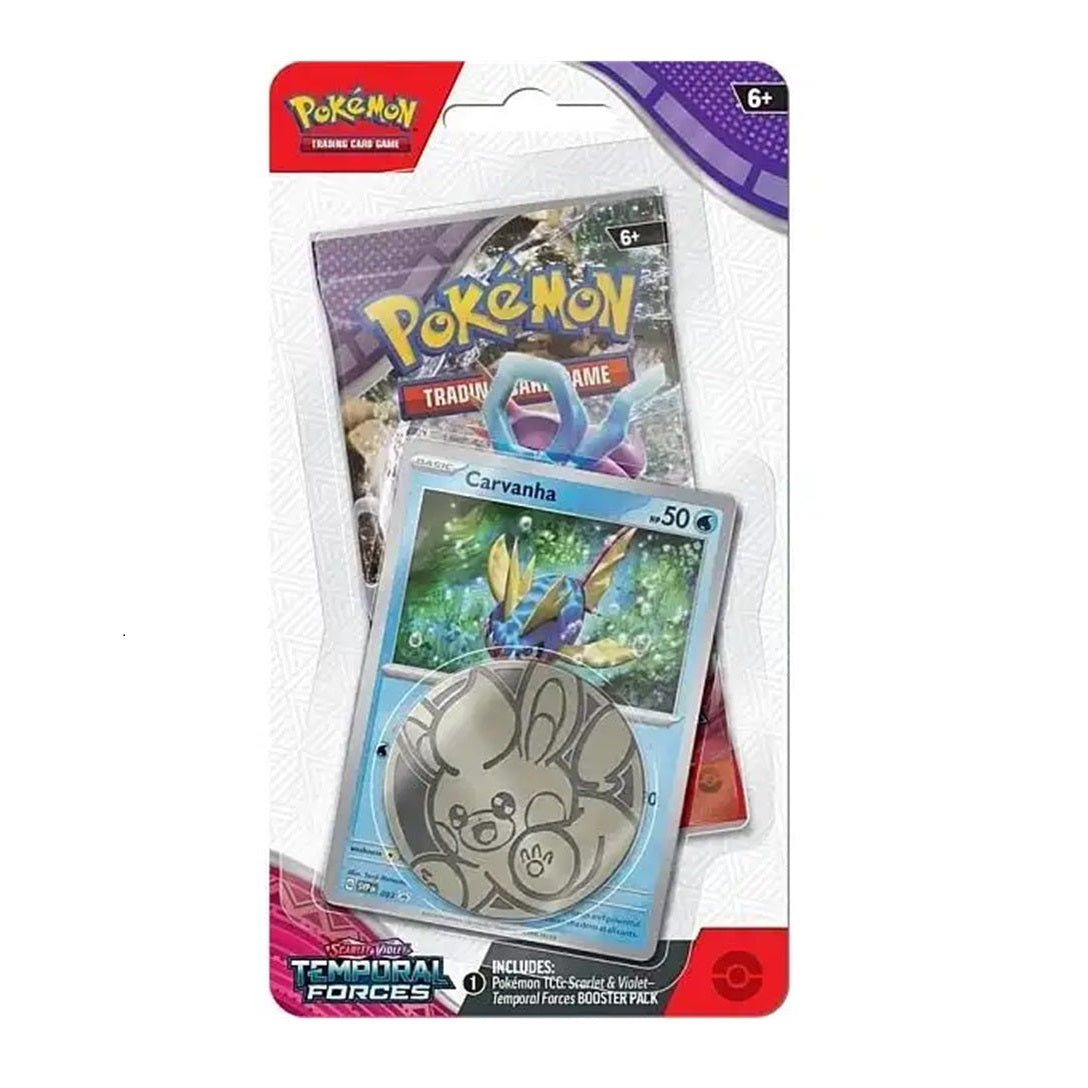 Pokémon Scarlet & Violet – Temporal Forces Checklane Blister Carvanha med boosterpakke og eksklusivt promokort.