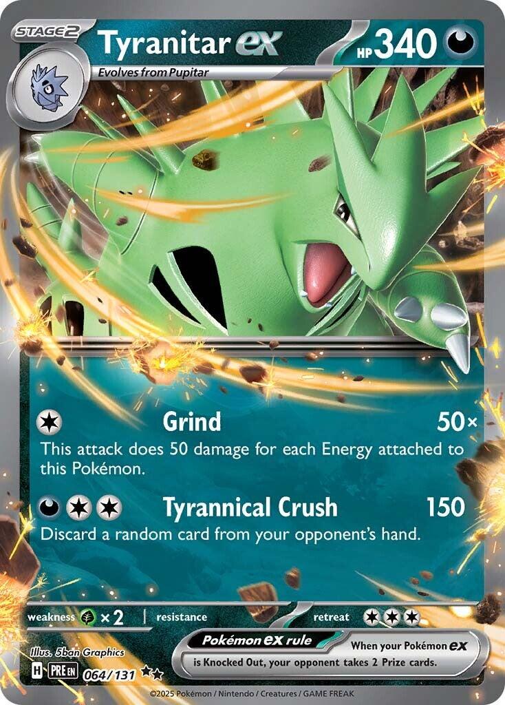 Tyranitar ex er et Double Rare / Super Rare kort fra Pokemon SV08.5 Prismatic Evolutions serien og har nummer 064/131.
