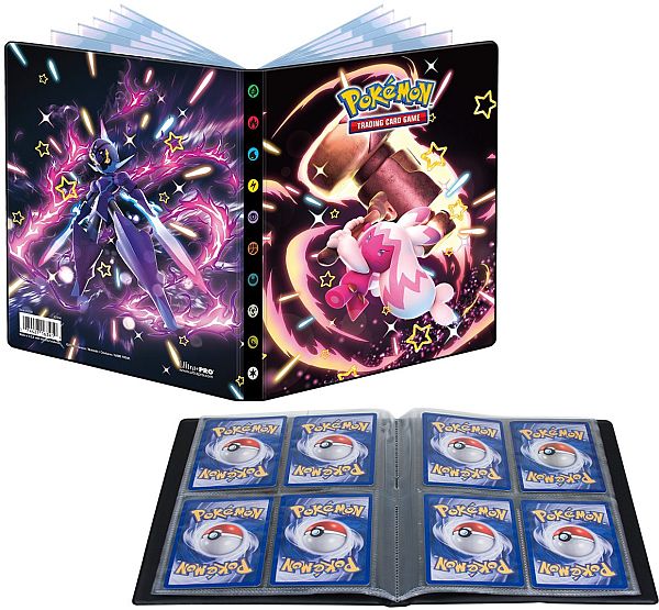 UltraPro Pokémon Paldean Fates 4‑lommer mappe med plads til 80 Pokémon‑kort og 4 oversize‑kort.
