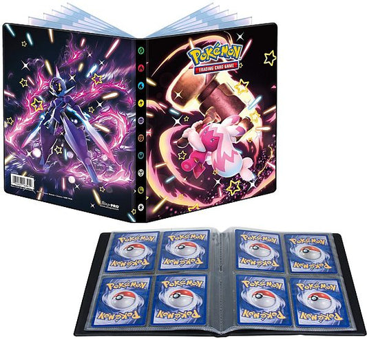 UltraPro Pokémon Paldean Fates 4‑lommer mappe med plads til 80 Pokémon‑kort og 4 oversize‑kort.
