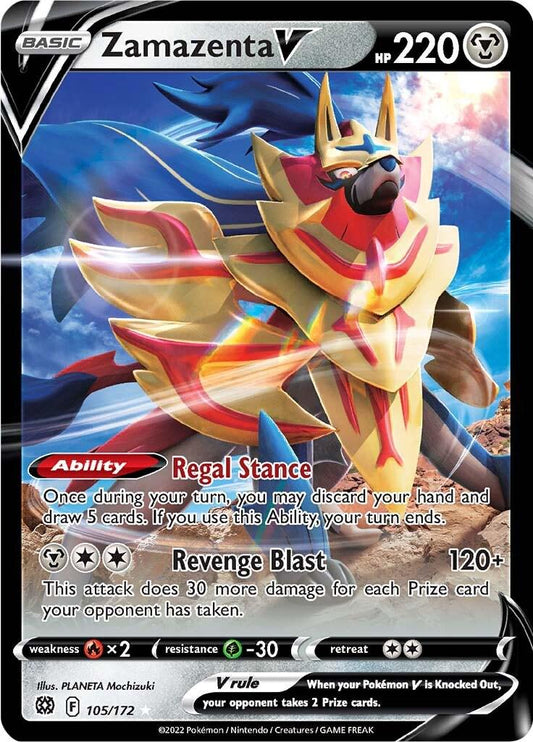 Zamazenta V er et Super Rare kort fra Pokemon SWSH Brilliant Stars serien.